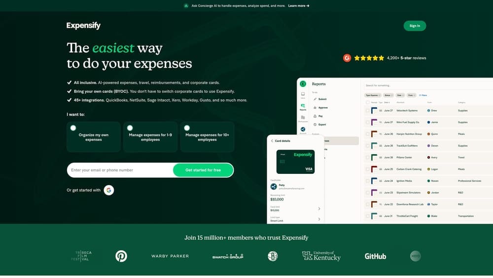 Screenshot of Expensify website