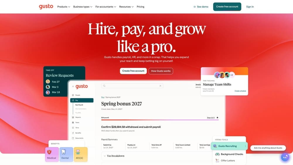 Screenshot of Gusto website