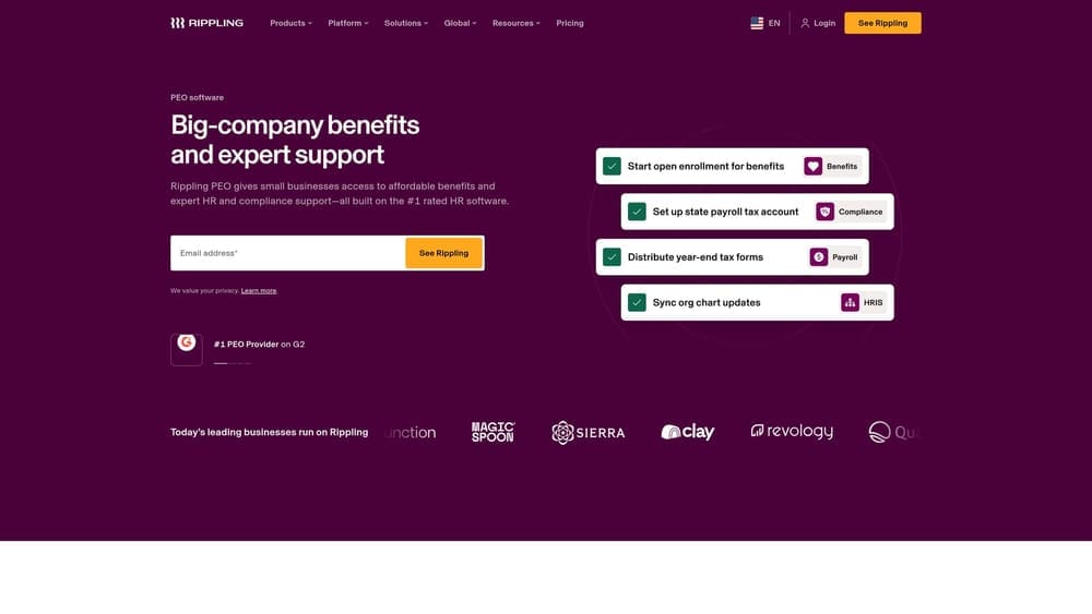Screenshot of Rippling PEO website