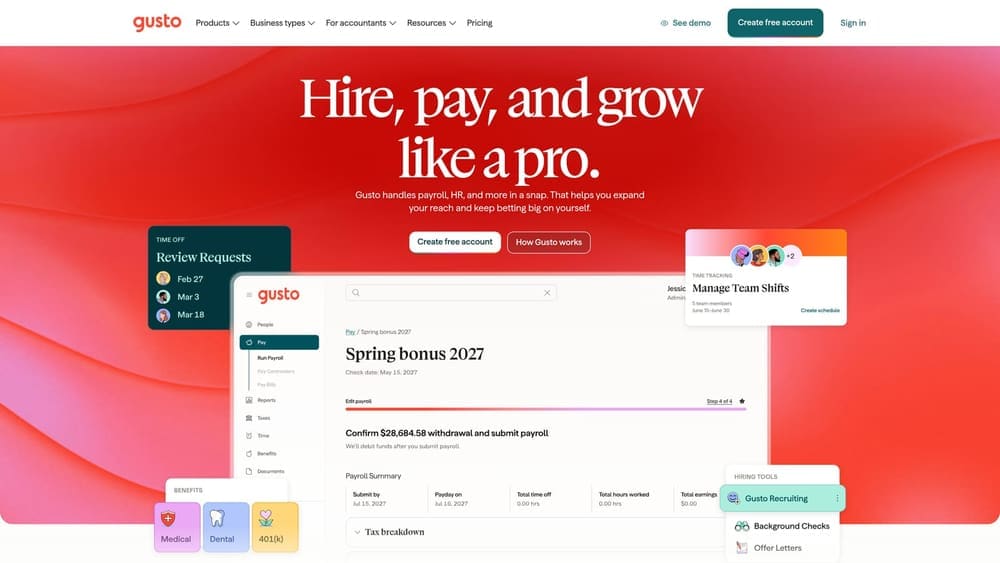 Screenshot of Gusto website