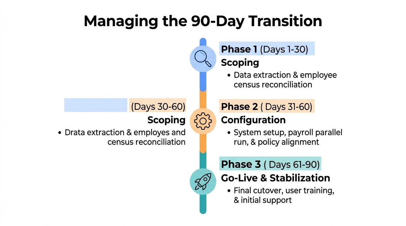 A timeline graphic showing the three phases of a 90-day small business HR outsourcing transition plan.