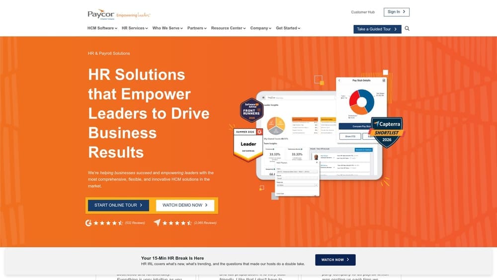 Screenshot of Paycor website