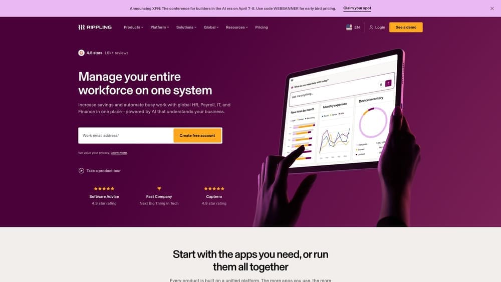 Screenshot of Rippling PEO website